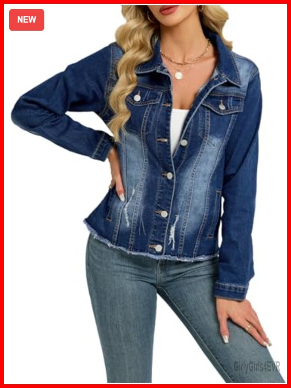 Womens Denim Jacket Frayed Hem Button Down Relaxed Fit Trucker Coat